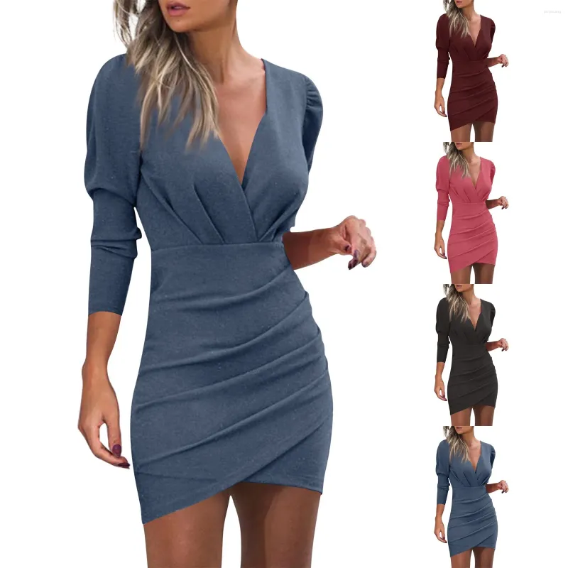 Casual Dresses Women's Autumn and Winter Fashionable Solid Color V-Hals midja långärmad klänning Elegant Pretty