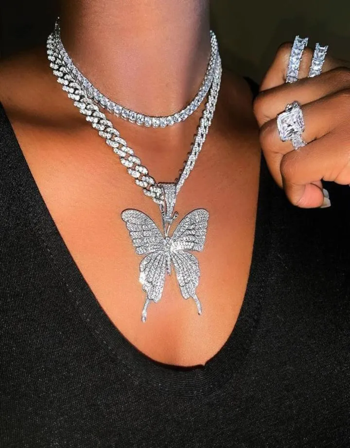 Pink Clear Crystal Butterfly Pendant Charm Miami Curb Cuban Chain Hip Hop Necklace Rapper Gift Rock for Men Women Jewelry3159040
