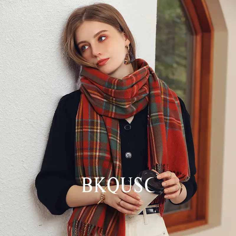 Scarves in Red Plaid Scarf Female British Warm Cashmere Scarf Shawl Fashion Lady Stylish Tassel Shawl Scarves Female Christmas Gift 231214