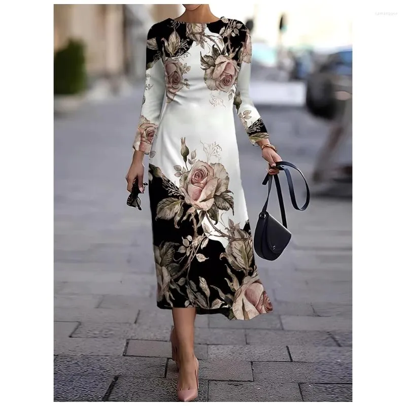 Robes décontractées Fleurs Imprimer Femmes Robe Vintage Mode Femme Vêtements A-ligne Manches Longues Hiver Surdimensionné Dame Élégante