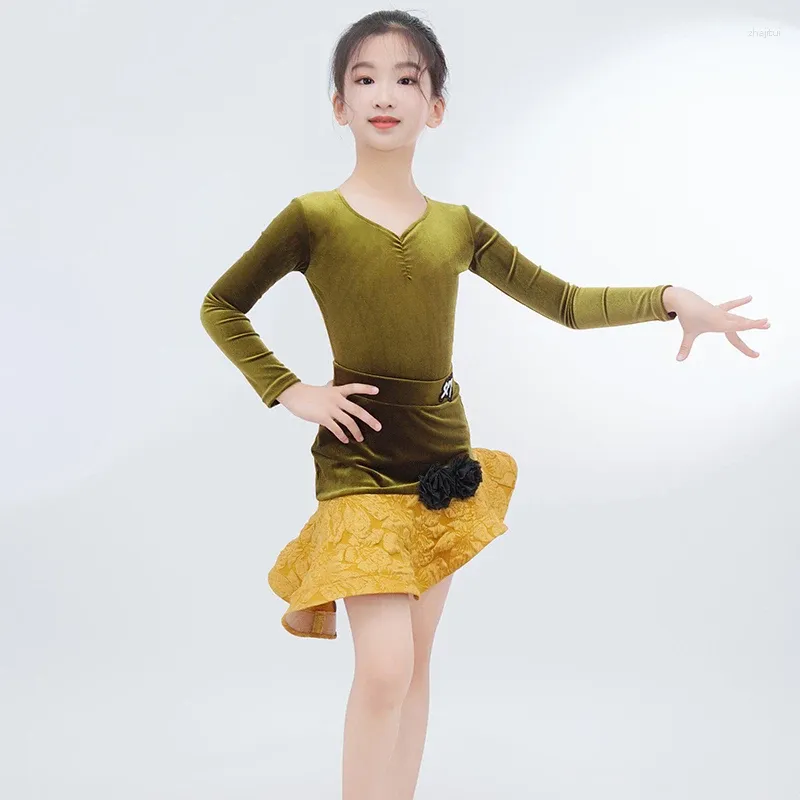 Stage Wear 2023 Green Velvet Latin Dance Costume Girls ChaCha Rumba Modern Clothing Practice Bodysuit Skirt Dancewear VDB7826