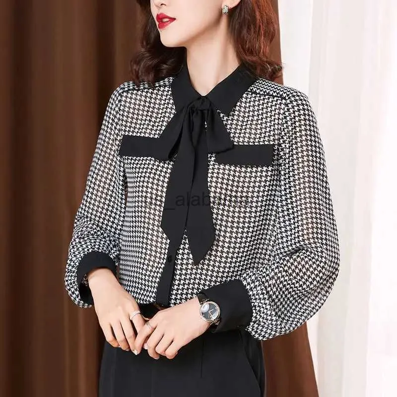 Women's Blouses Shirts New Frenulum Bow Tie Houndstooth Office Lady Career Shirt Chiffon Summer Women Oversized Loose L-6XL All-match Fashion Blouse YQ231214