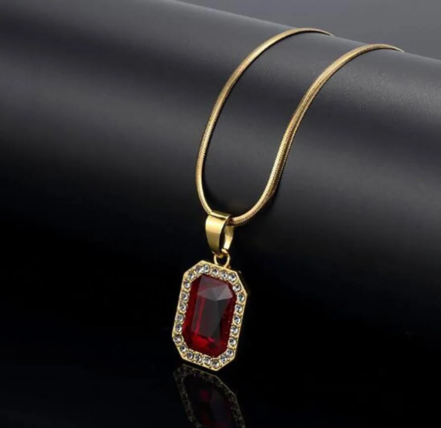 Red Lab Ruby Rechthoek GEM Hanger Bling Gesimuleerde Diamanten Ruby Sieraden 18K Geel Vergulde Ketting Bot chain2775304