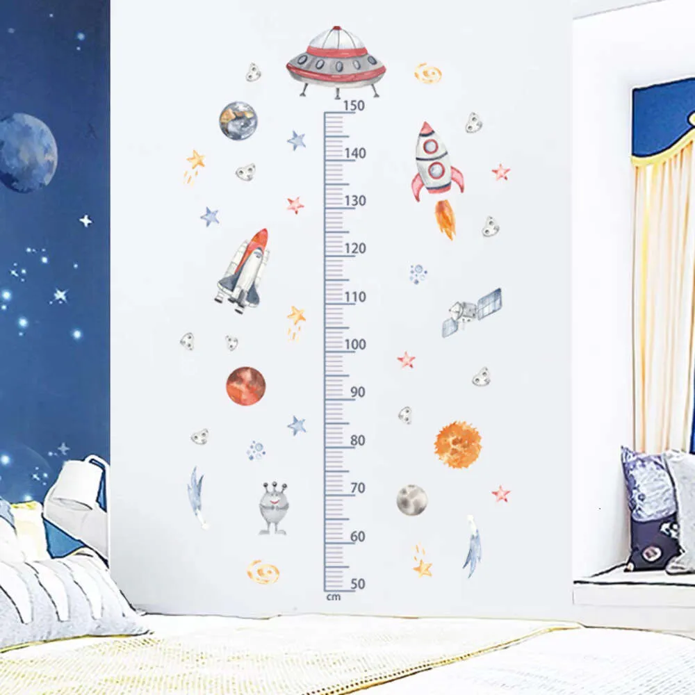 Aquarela espaço exterior planetas altura régua adesivos de parede altura crescer gráfico decalques de parede para quarto das crianças menino decoração casa