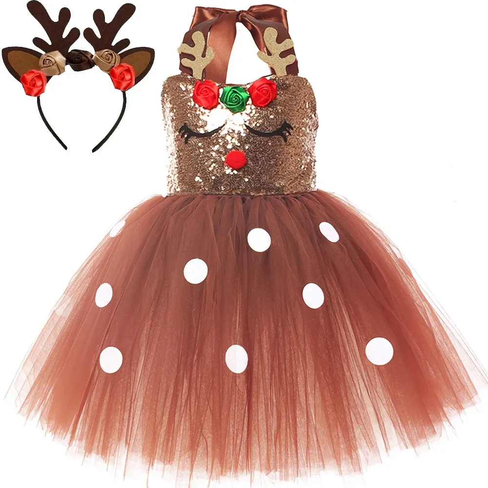 Vestidos da menina marrom lantejoulas trajes de cervos para meninas vestidos de princesa de natal crianças renas cosplay outfit crianças ano roupas presente de natal 231213
