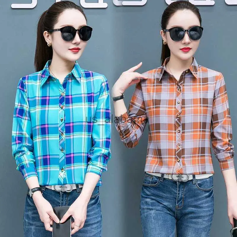 Women's Blouses Shirts Fashion Blue Red Plaid Print Shirt Autumn Women's Korean Lapel Long Sleeve Slim Office Blouse Elegant Ladies Tops Streetwear 2XL YQ231214