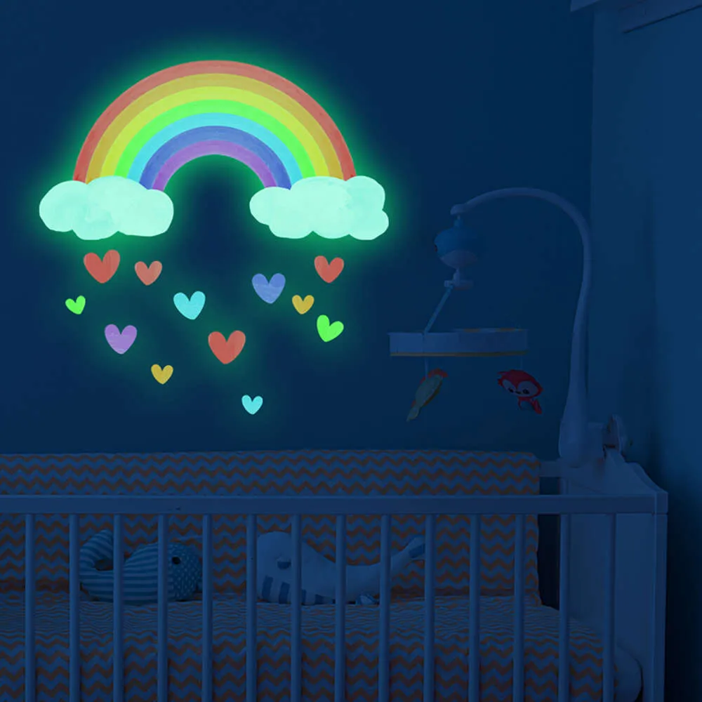 Luminous Colorful Rainbow Heart Shape Wall Stickers Glow in the Dark Kids Room Wall Decals Ceiling Bedroom Decorative Decor pvc