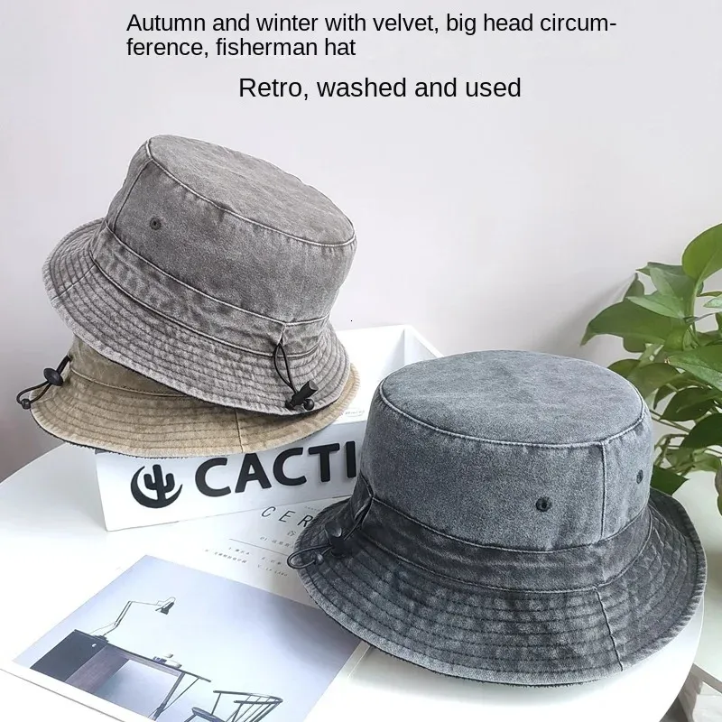 Wide Brim Hats Bucket Men Women with Thin Fleece Lined for Big Head Oversized Caps XXXL 5962cm 6364cm Cotton Stone Washed Free Shippping 231212