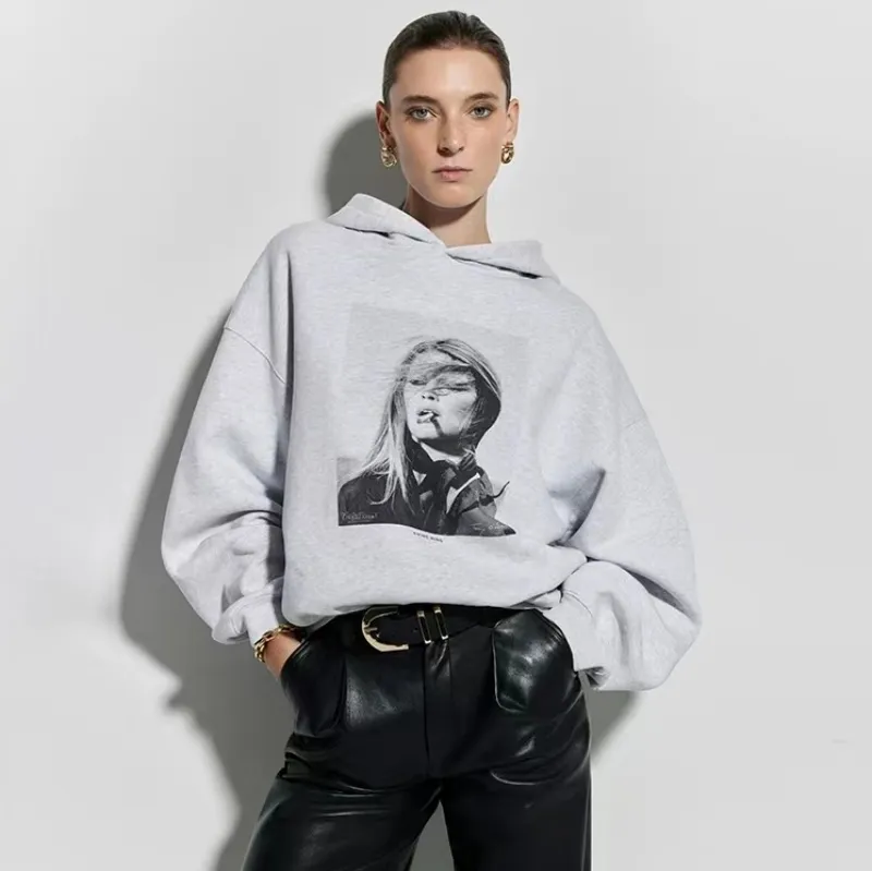 10A高品質のデザイナーハーベイフーディーズ女性グレーフリースフード付きセータービングプリントコットンルーズプルオーバーABスウェットシャツ