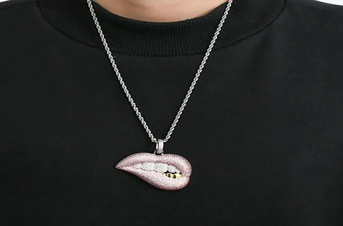 Mens Women Iced Out 14k Zircon Lips Pink Pendant Necklace Micro Pave Bling Flashy Charm hiphop jewelry Whos3938490