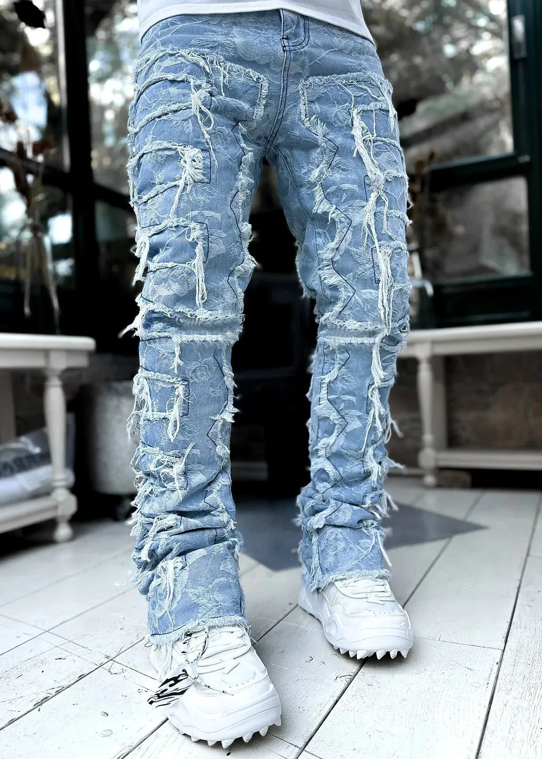 Heren Jeans Man Gestapeld Elastische Taille Straight Fit Patchworks Denim Lange Broek Fringe Ripped Voor Mannen 231213