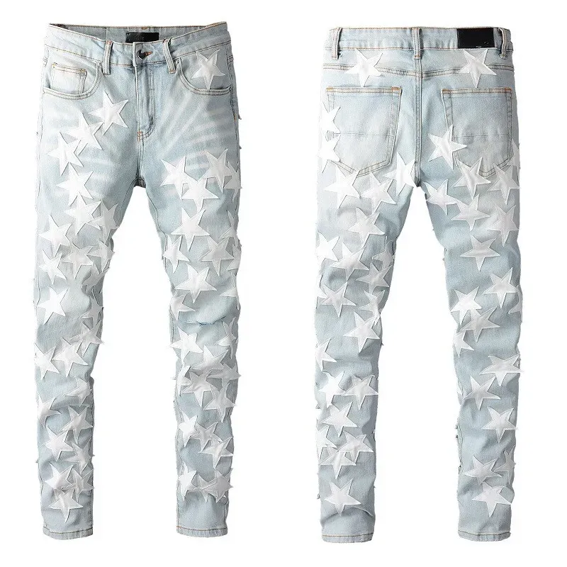 Herenjeans voor jongens Knie gescheurd Slim Fit Skinny broek Sterpatches Dragen Biker Denim Stretch Motorfiets Mannelijke pasvorm Trendy Lange rechte ritssluiting