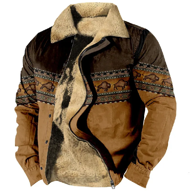 Heren bont faux ritssluiting overjas bizon patroon print casual winter kleding lange mouw sweatshirt jas bovenkleding 2024 231213
