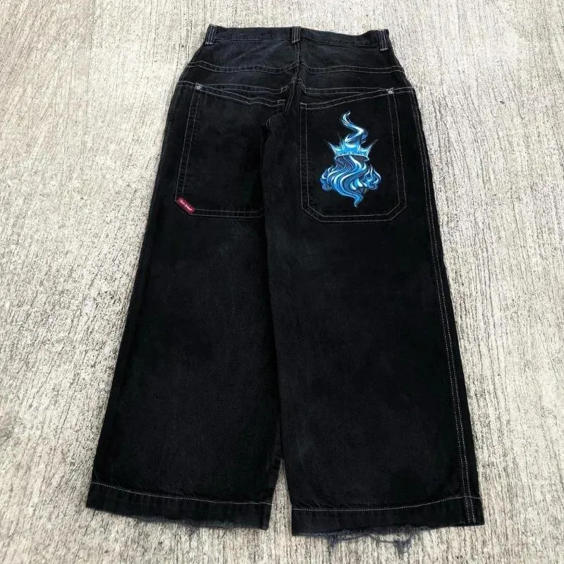 Jeans para mujer Y2k para mujer Harajuku Hip Hop Retro Patrón de llama Pantalones negros holgados 2023 Pantalones anchos de gran tamaño góticos Streetwear