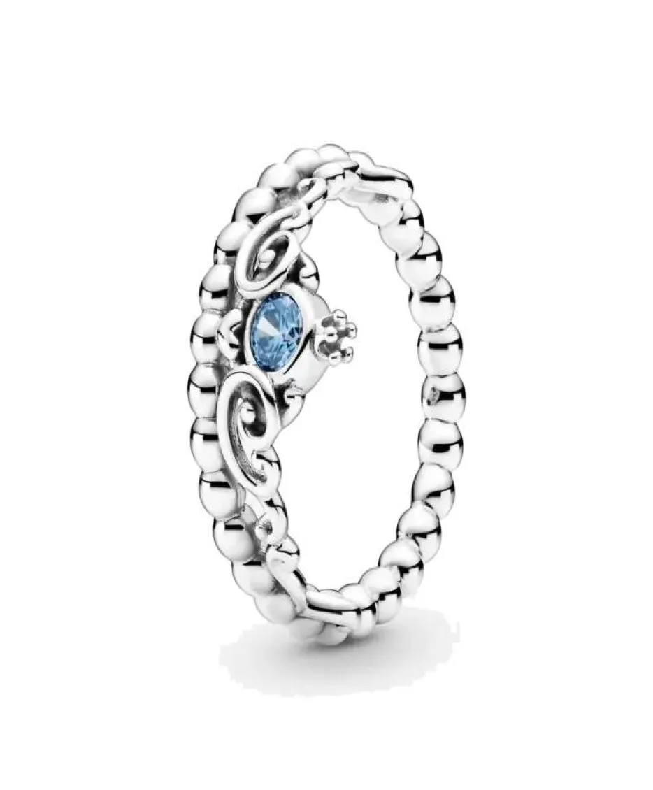 Fina smycken Autentiska 925 Sterling Silver Ring Fit Charm Princess Blue Tiara Engagement DIY Bröllopsringar7600151