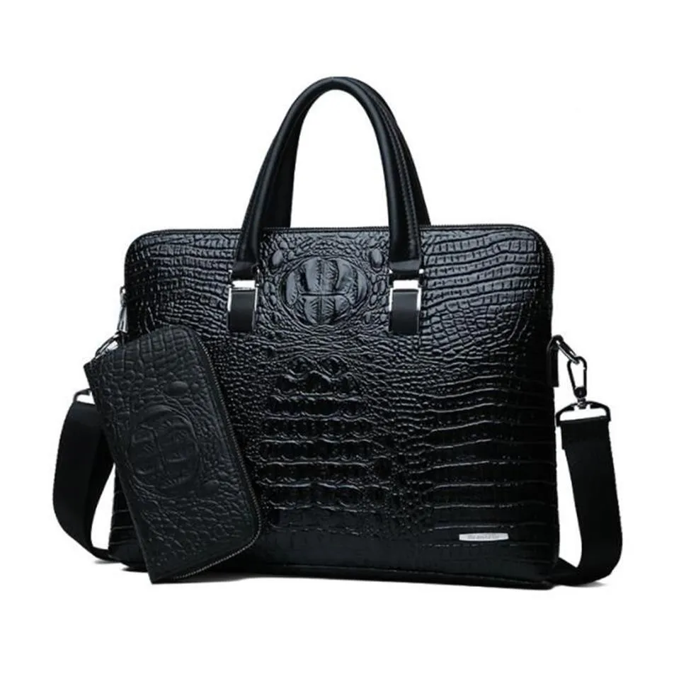 Hela varumärkespaket Fashion Crocodile Print Business Portcase Trendy Cross Section Crocodile Leather Man Handbag Multifunktion 267i