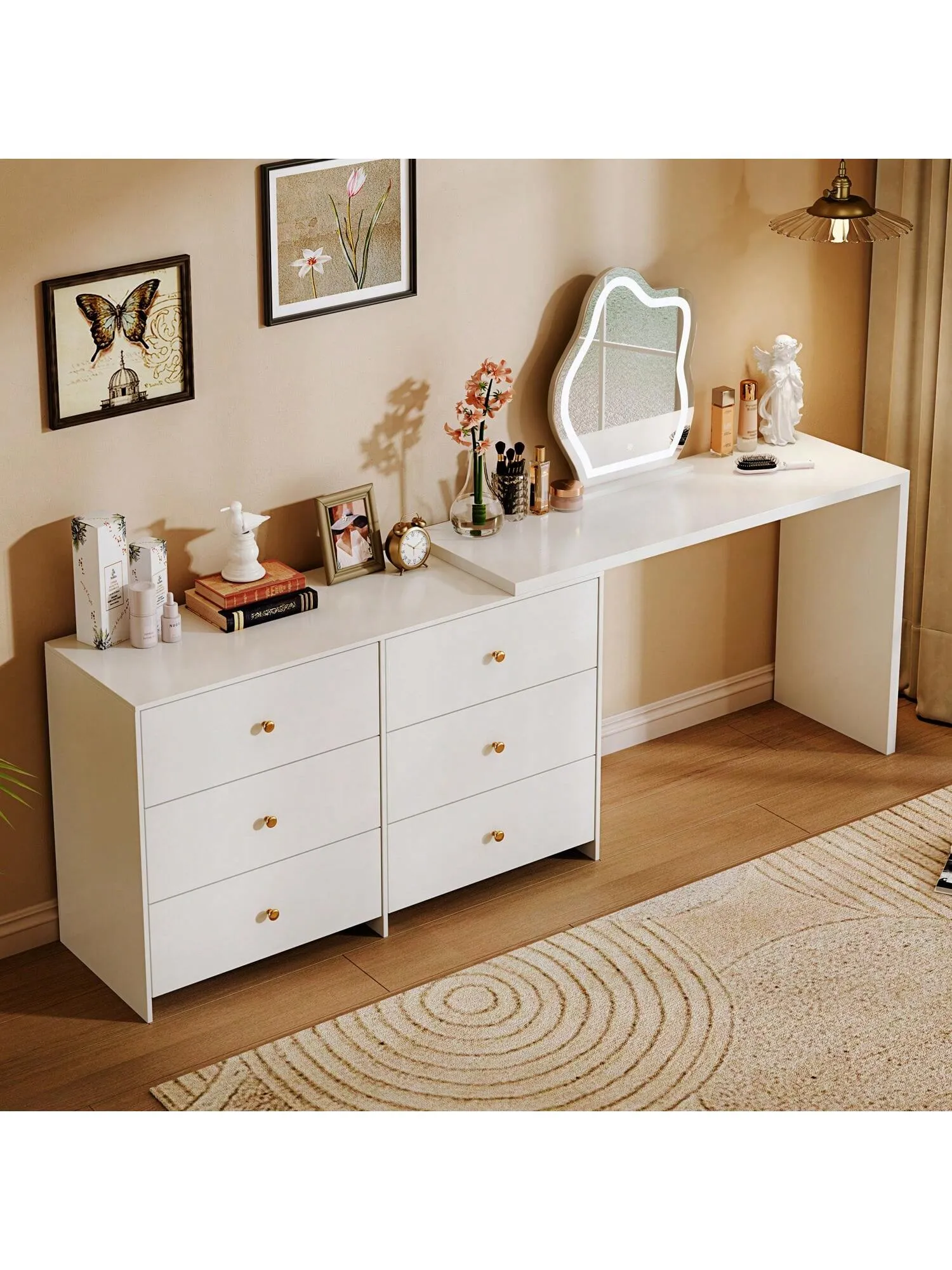 Modern corner makeup dresser with LDE mirror and 6 spacious drawers, laptop writing desk with retractable dresser with cabinet, 3 silent slides