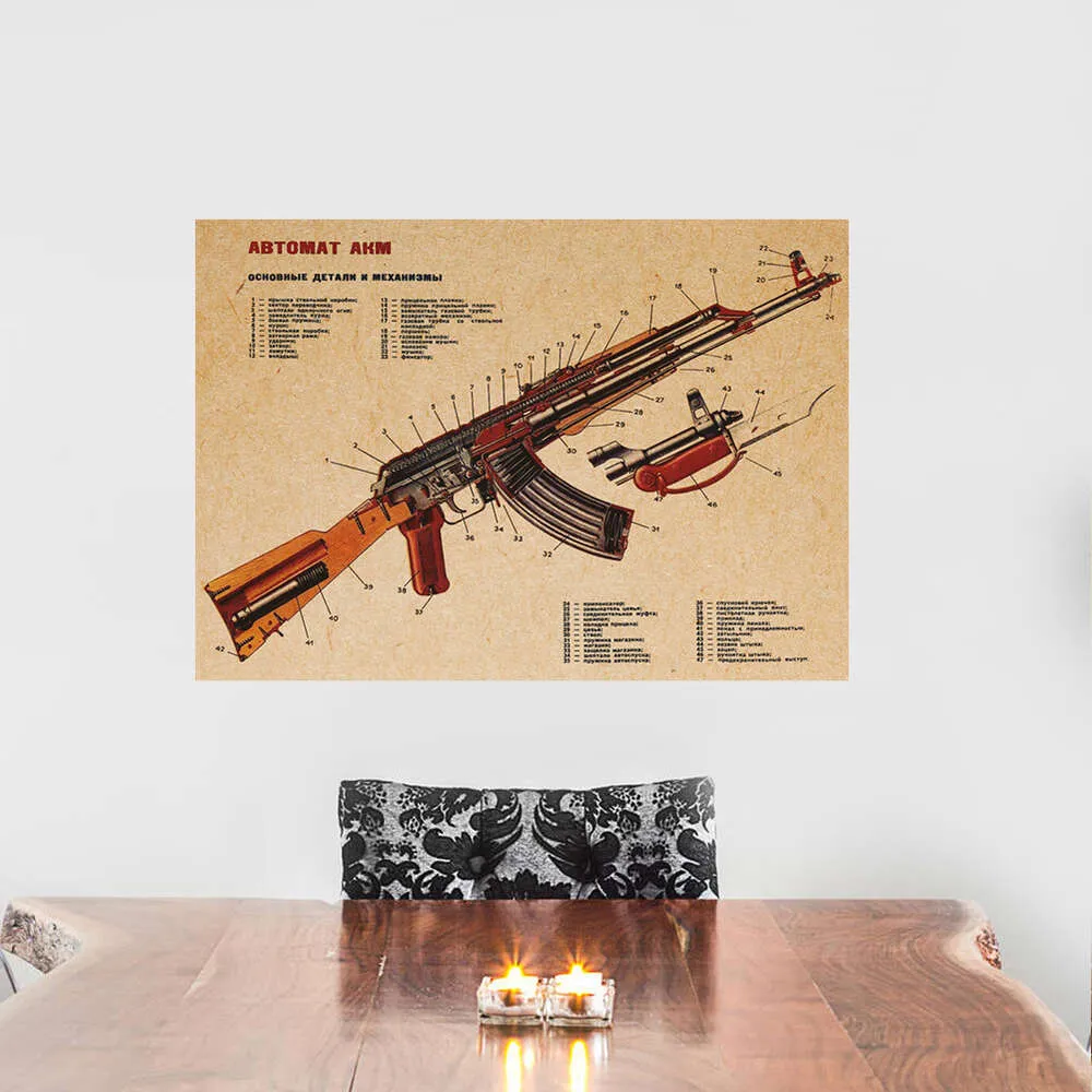 Gun Akm Ak47 Struttura modificata Kraft Poster Poster Decorazioni per la casa per bambini Studio Decorazione Studio Sticker parete