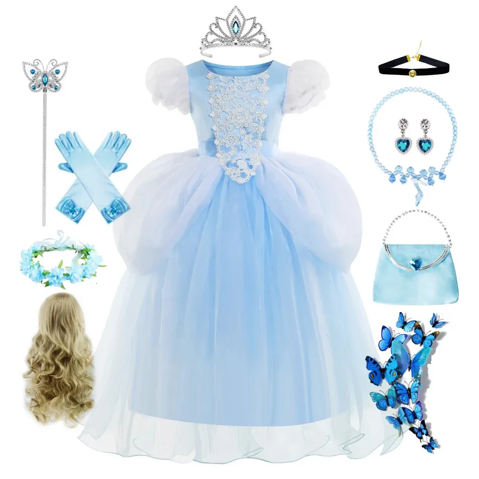 Vestidos da menina renda malha vestido de princesa crianças vestido de natal azul vestido de baile aniversário rainha cosplay roupas puff vestidos 231213