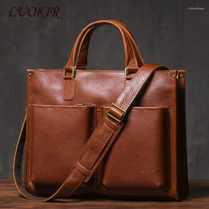 Evrak çantaları luokir deluxe yönetici çantası erkek avukat çanta iş crossbody gerçek deri portföy bilgisayar çantası 14 inç dizüstü bilgisayar