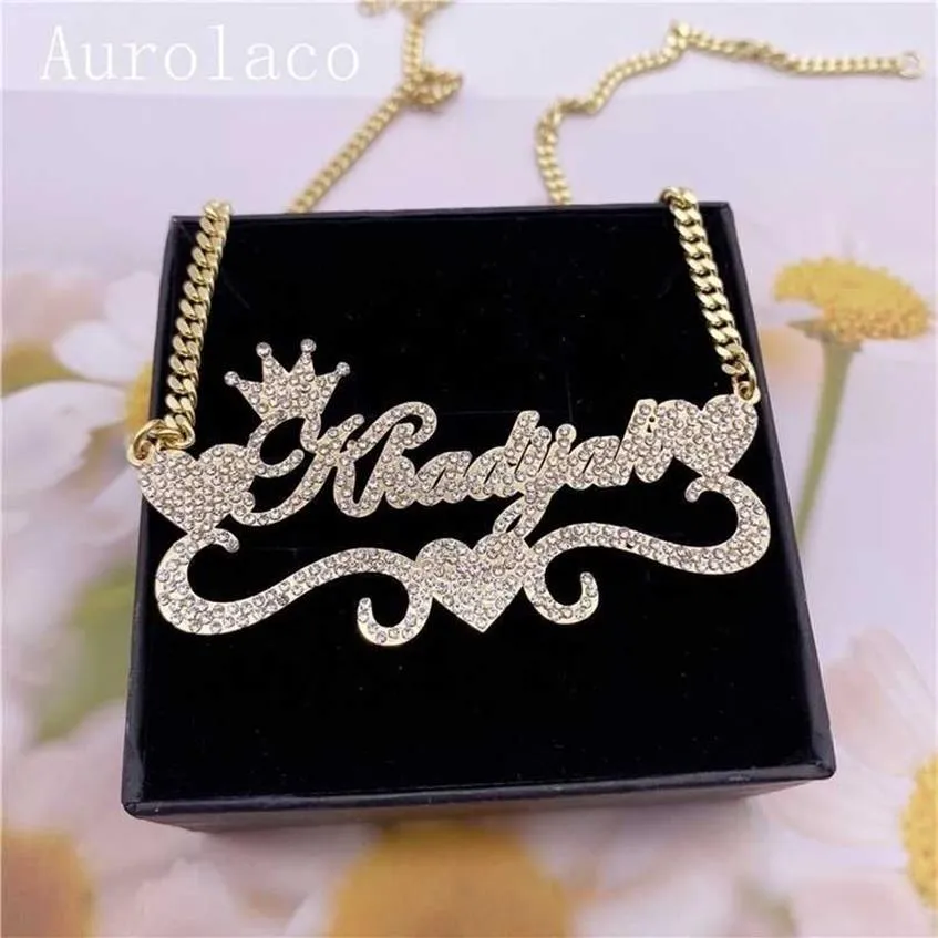 AurolaCo Aangepaste naamketting met diamanten bling roestvrij staal gouden plaat voor vrouwen cadeau 2201192363