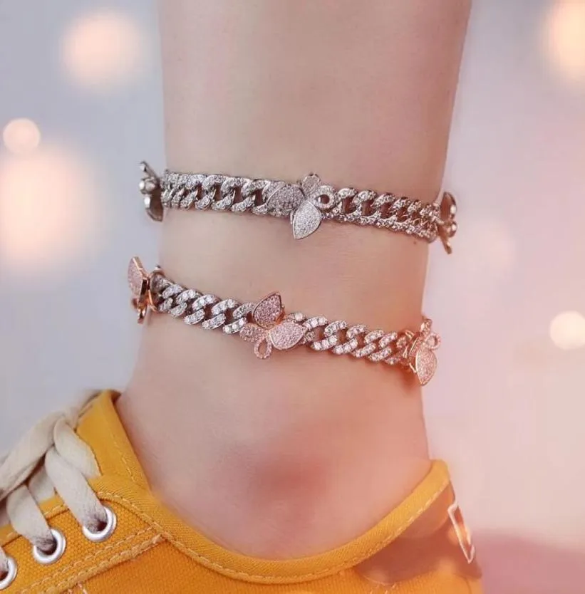 وصلت جديدة سلسلة الكاحل النساء الذهب Silver Rosegold Cuban Link Iced Out Cz Pink Butterfly Anklets Chain Set Jewelry3874234