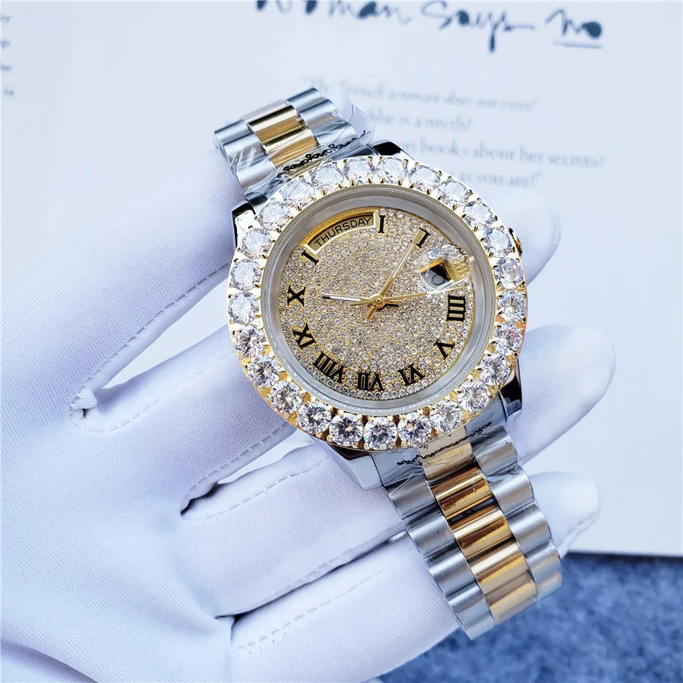 montre homme men automatic mechanical movement watches high quality gold silver shell Diamond face Ceramic circle All Stainless Steel Super Bright Wristwatches