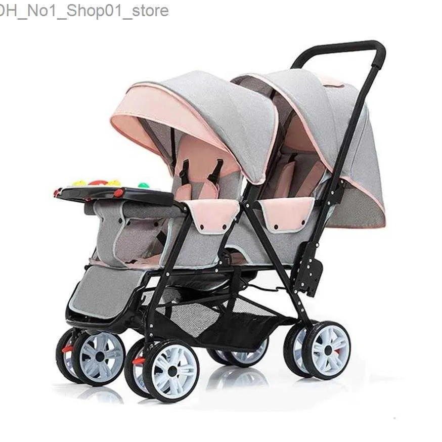 عربات# عربات الأطفال Twin Baby Stroller خفيفة الوزن قابلة للطي يمكن أن تجلس وتستكمل عربة السفر حديثي الولادة المحمولة 244 س Q231215