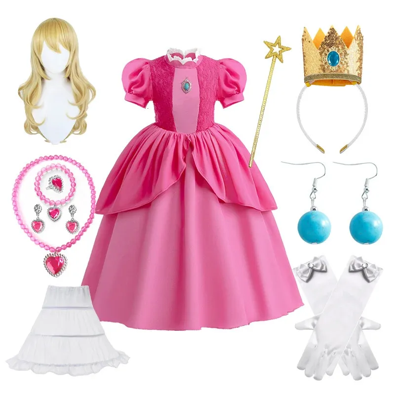 Flickans klänningar Peach Princess Costume Peach Princess Birthday Party Cosplay Costume Outfits Halloween Carnival Stage Performance Kid Girl Dress 231213