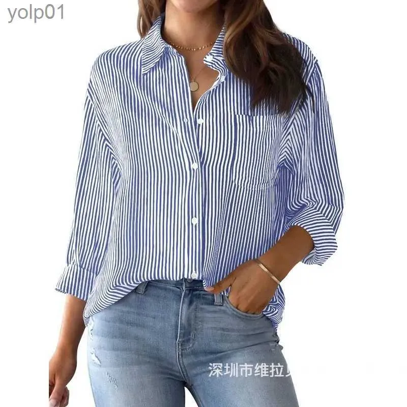 Blouses Femme Chemises Chemise boutonnée décontractée pour femme rayée longue luge printemps/été 2023 coupe ample à la mode chemisier à revers haut avec pochesL231214