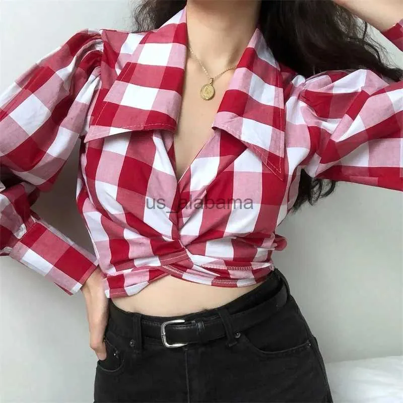 Blouses pour femmes Chemises Plaid Bandage Femmes Chemise Style Vintage All-match Taille Haute Nombril Exposition Manches Bouffantes Cardigan Crop Tops FeMale YQ231214