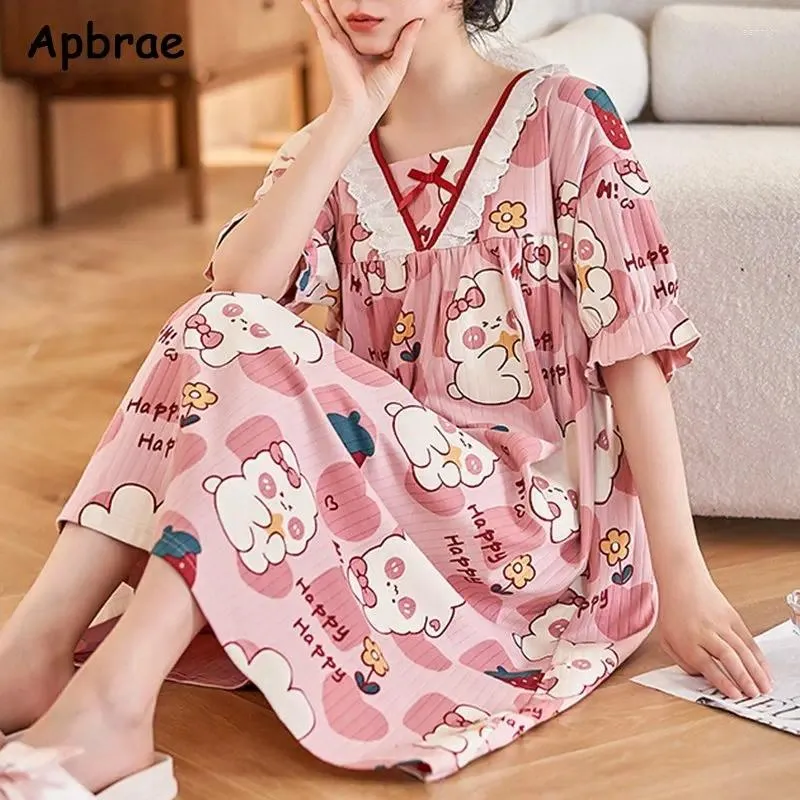 Damen-Nachtwäsche, Prinzessinnen-Stil, Baumwoll-Nachthemd für Frauen, Sommer, Kawaii-Nachthemd, Sleepshirts, Mädchen, kurzärmelige Damen-Nachthemden