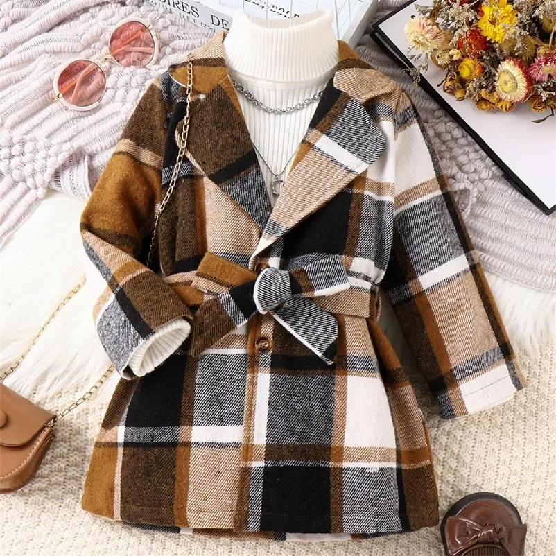 Abrigo Citgeett Winter Kids Girls Chaqueta de manga larga Turn Down Collar Botón Plaid Cinturón Ropa de otoño 231213