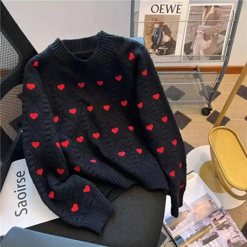 Women's Sweaters Autumn and Winter 2023 Round Neck Romantic Love Pullover Hook Flower Hollow Long Sleeve Sweet Loose Knit Sweater Tops 231214