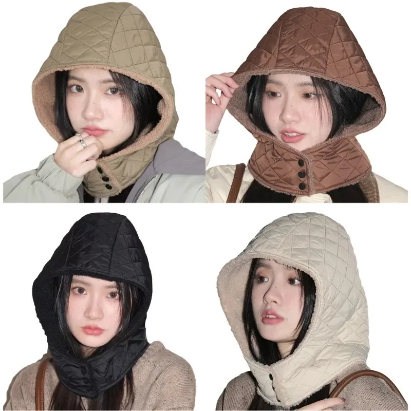 Trapper Hat Vintage Quilted Rhombus Balaclava Winter Scarf Integrated Earflap Fleece Lined Windproof Cap with Button 231212