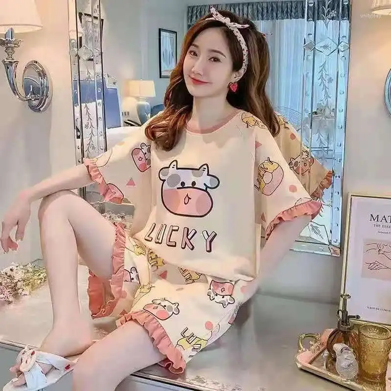 Women's Sleepwear Pajama Set Short Sleeved T-shirt And Shorts With Cow Cartoon Pattern 2 Pieces Soft Casual Pajamas