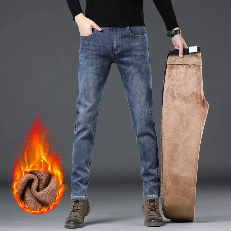 Herr jeans termiska stretch vinter snö varm plysch smal n ben förtjockar fleece denim långa byxor koreanska modebyxor 231213