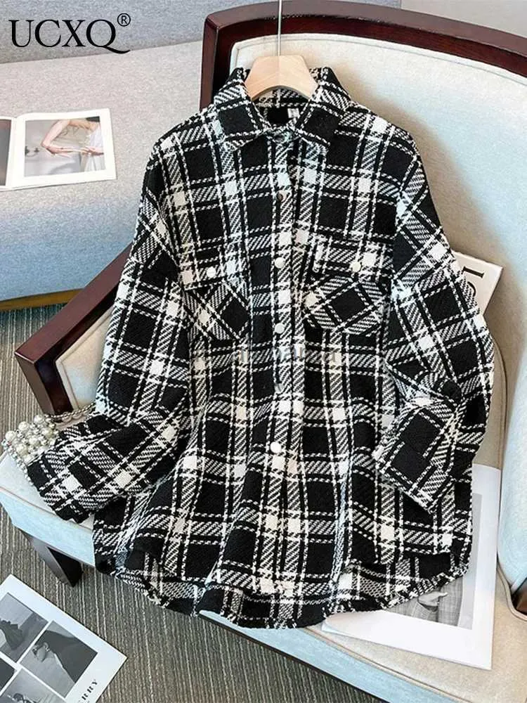 Camicette da donna Camicie UCXQ Camicia in misto tessuto di grandi dimensioni da donna Manica lunga Nero Bianco Plaid Allentato Moda Outwear Camicetta 2023 Autunno Inverno Nuovo 23A5831 YQ231214