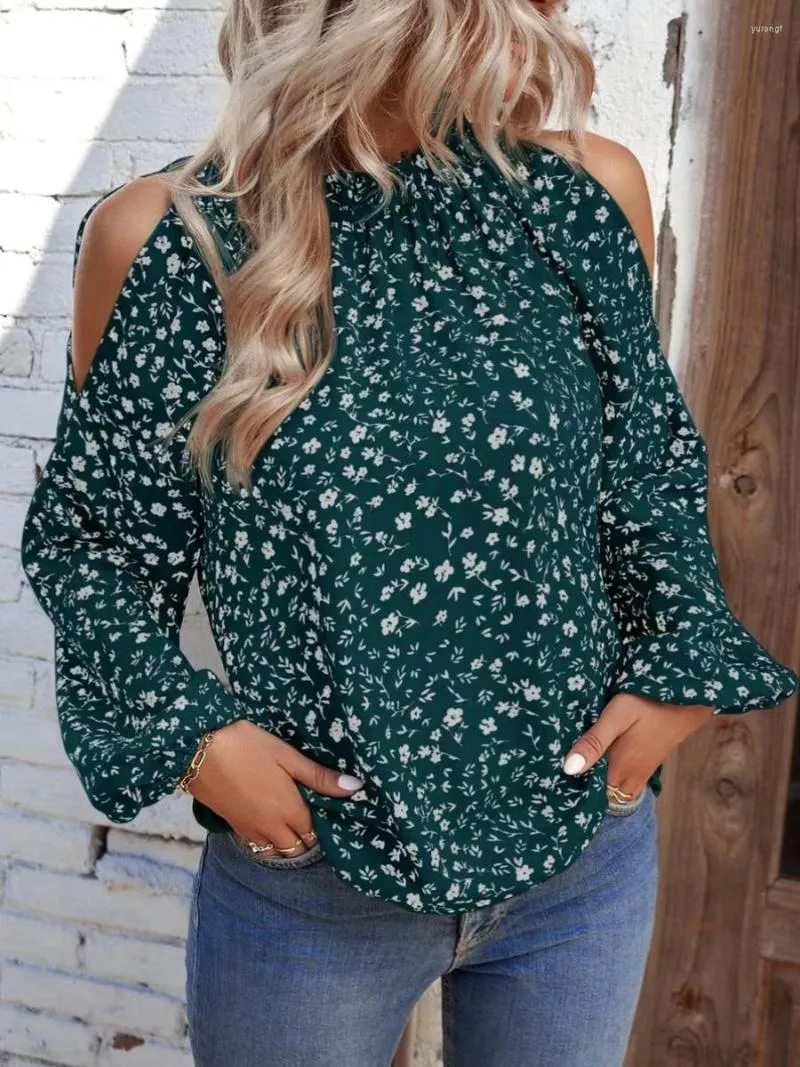 Women's Blouses Fashion Spring And Autumn Stringy Selvedge Round Neck Small Floral Print Off-Shoulder Bubble Long Sleeve Shirt Top Women