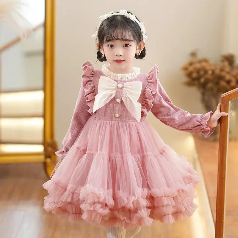 Flickor klänningar barns prinsessklänning pompadour mesh 3 12 -åriga barn hösten vinter långärmad båge fast färg 231214