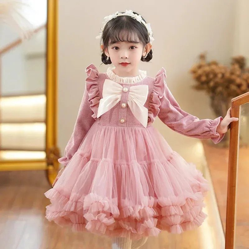 Girl s Dresses Children s Princess Dress Pompadour Mesh 3 12 Year Old Children Autumn Winter Long Sleeve Bow Solid Color 231214