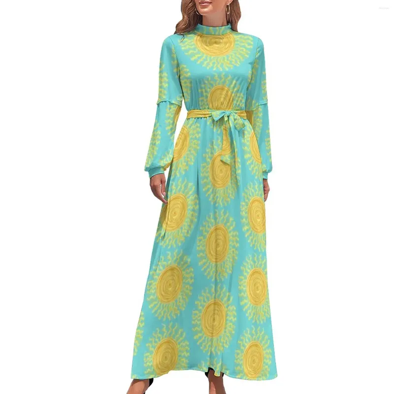 Robes décontractées Robe d'impression de soleil abstraite Motif de soleil Esthétique Plage Femmes Manches longues Taille haute Mignon Maxi