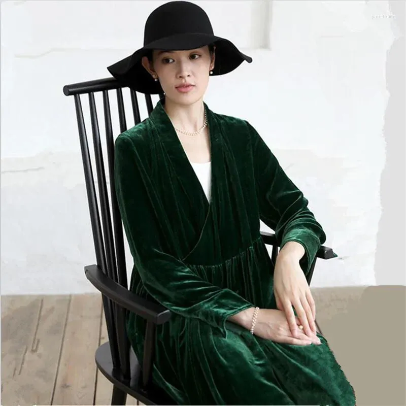 Casual Kleider Japan Stil Solide Elegante Samt Maxi Kleid Vintage Frauen Langarm V-ausschnitt Schlank Party Vestidos Robe Femme