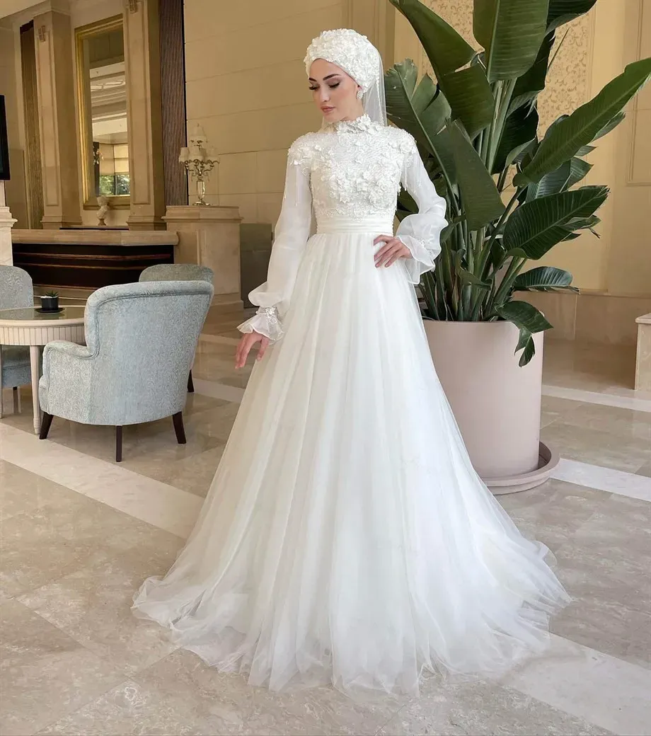 3d apliques florais vestido de casamento muçulmano para noiva 2024 renda a linha árabe dubai mangas compridas hijab vestido de casamento islâmico véu robe de mariage