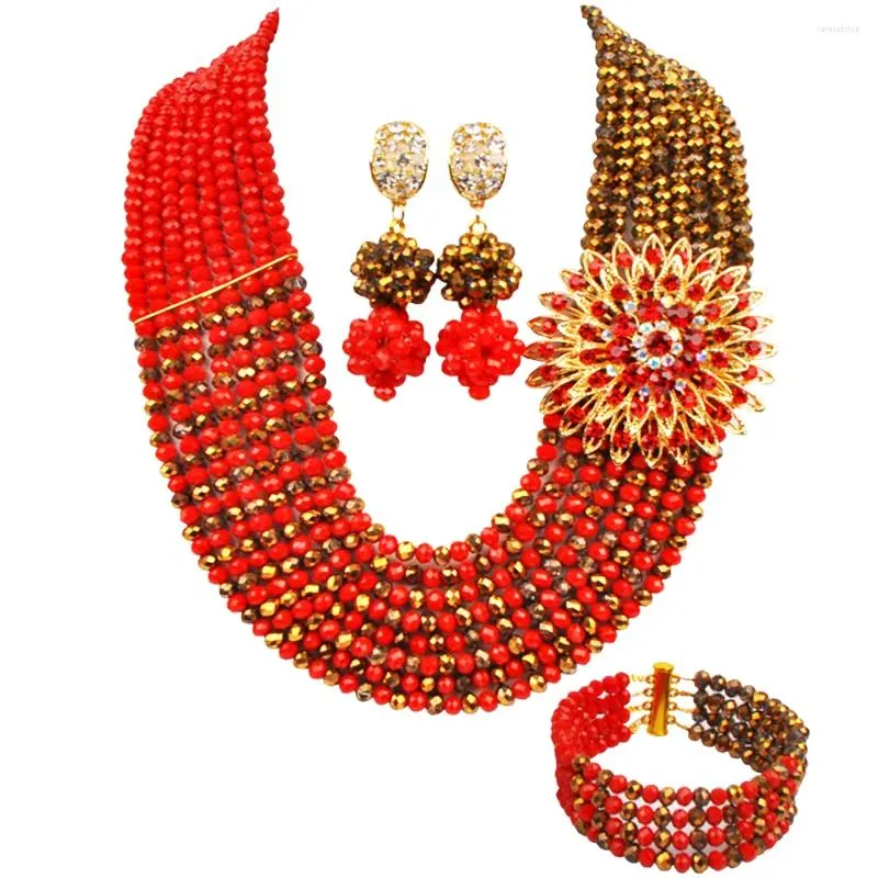 Necklace Earrings Set Fashion Opaque Red Gold Plated Nigerian Wedding African Beads Jewelry Crystal
