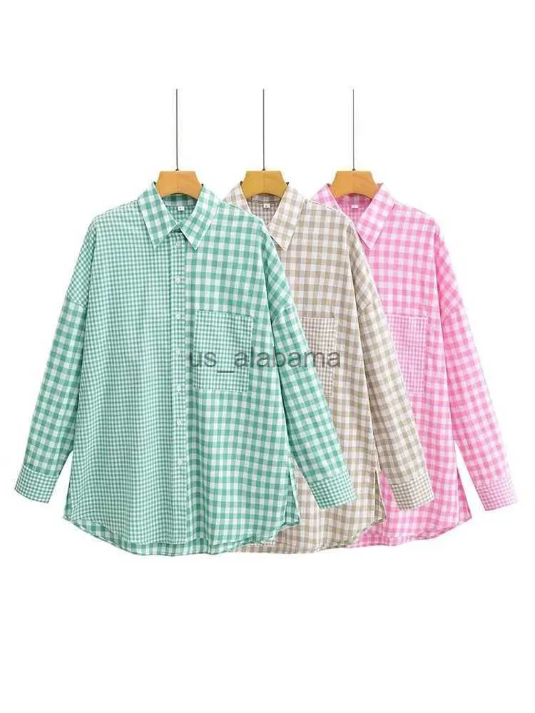 Blusas femininas camisas mulher casual oversized xadrez retalhos camisa 2022 primavera meninas chique camisas de manga longa feminino chique solto camisas macias yq231214