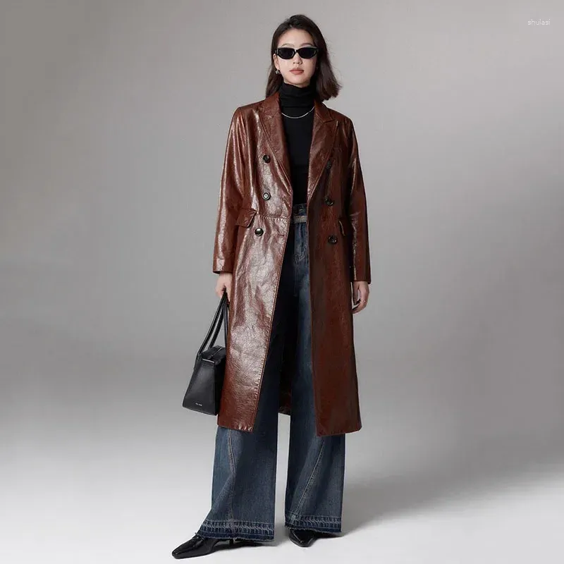 Trench-Coat en cuir de vache importé pour femmes, longueur moyenne, technologie de cire d'huile, revers amincissant, veste véritable rétro