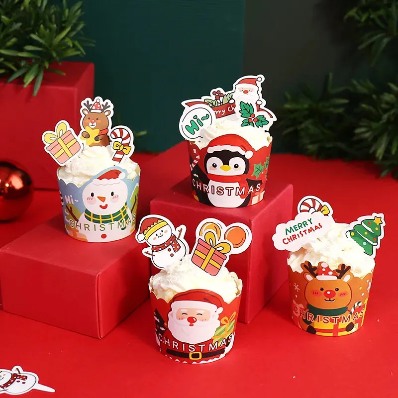 Cake Tools Christmas Cake Decoration Packaging Box Cartoon Santa Claus Snowman Paper Cup Year's Eve Cake Decoration 231214