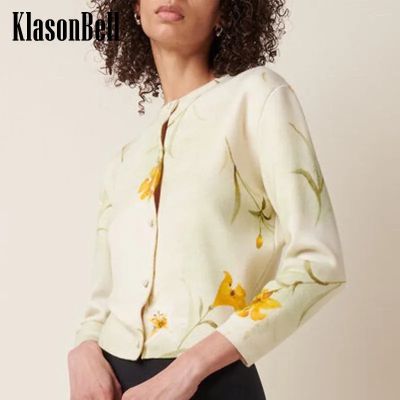 Women's Knits 12.4 KlasonBell Fashion Flower Pattern Print Wool Knitted O-Neck Single Breasted Comfortable Fit Cardigan Coat Women