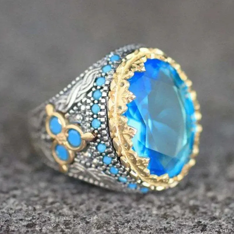 Anneaux de mariage sortie ronde ensemble pierre bleue bleu ciel Zircon anneau de mode métal deux tons bague de fiançailles de mariage 231213